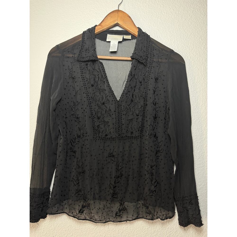Black Beaded Sheer Blouse Size 10 Embroidered Mesh Y2K Goth Top